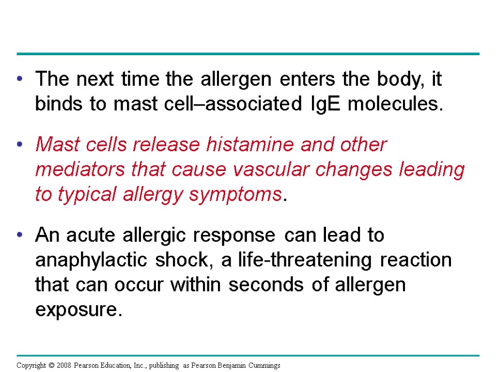 The next time the allergen enters the body, it binds to mast cell–associated IgE